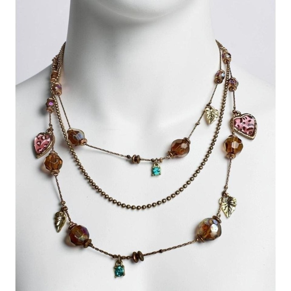Rare Vintage Betsey Johnson Leopard‎ Boho Pink Heart Layered Bead Necklace